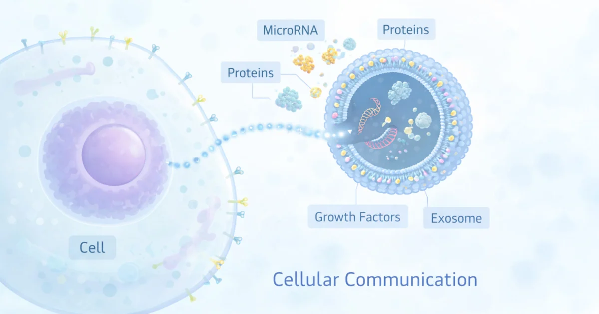 Илюстрация на клетъчна комуникация с MicroRNA, протеини и екзозоми