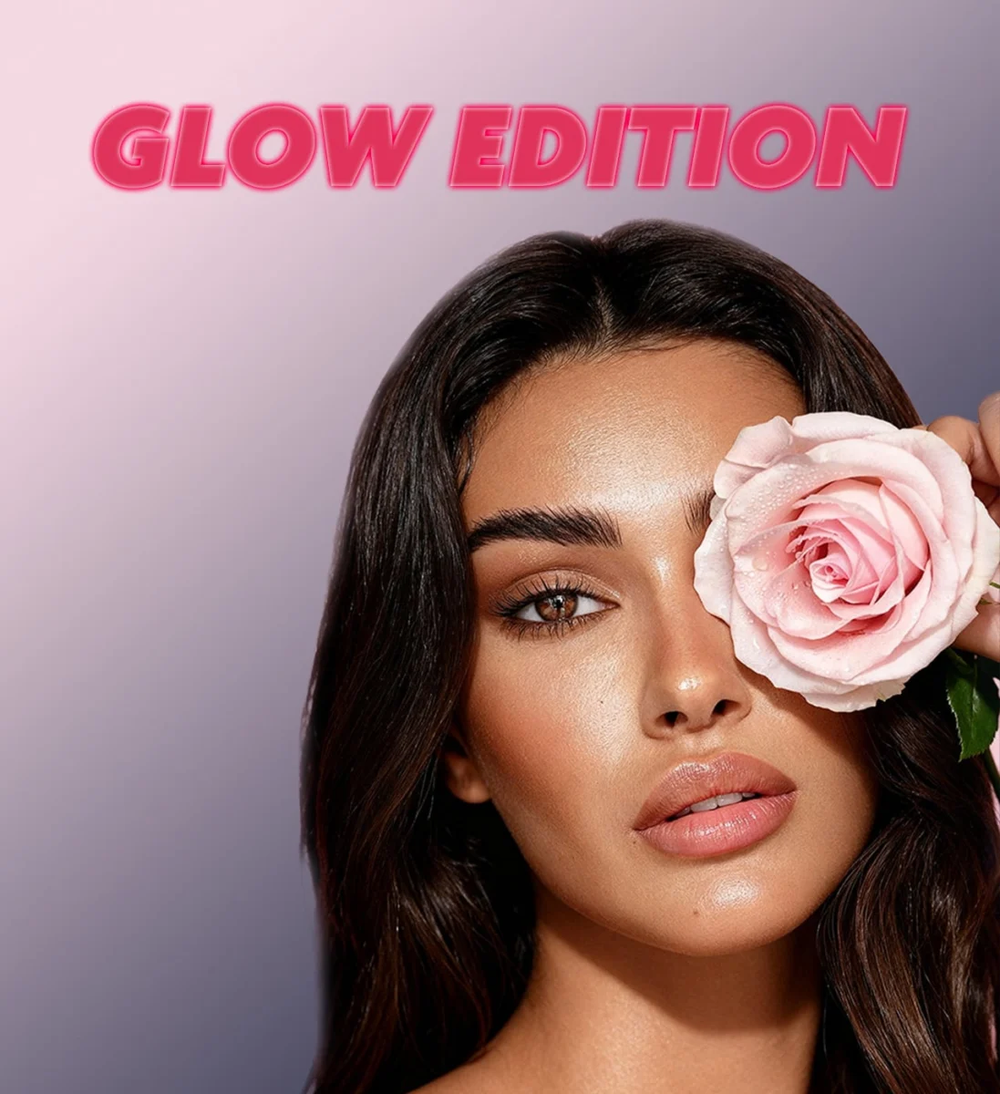 Промоционален банер Glow Edition - жена с роза до лицето